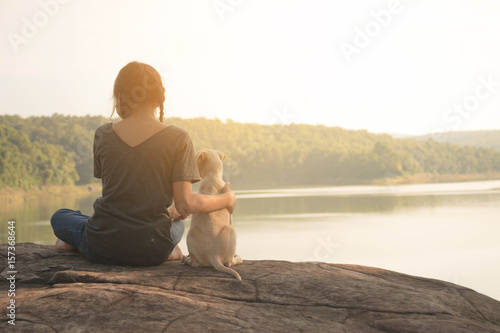 Girl travel with dog, Concept travel with dog.