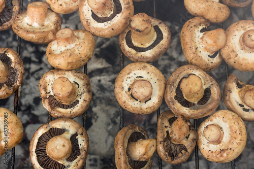 The mushrooms prepared on the grill. The view from the top.