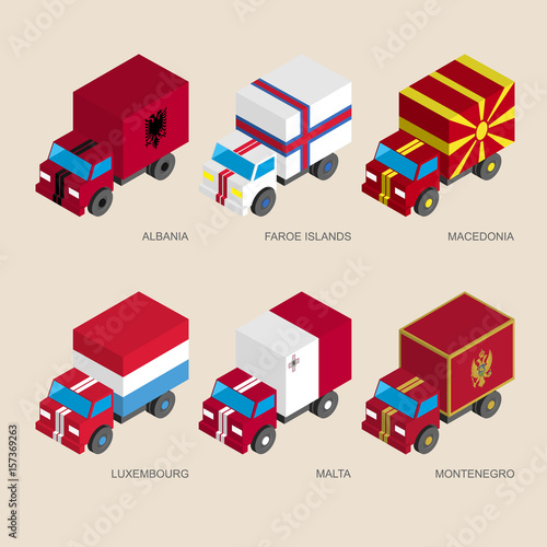 Set of isometric 3d cargo trucks with flags 
