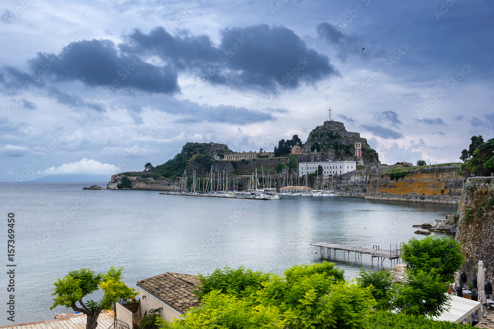 Looking across Mandraki bay to the Old Fortress in Corfu town