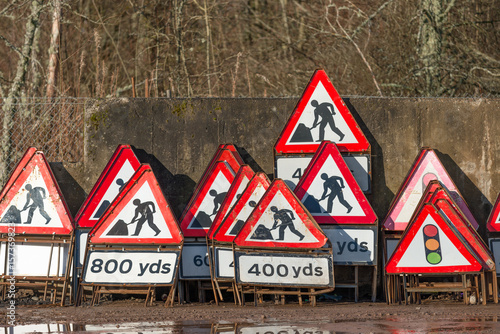 A collection of warning road signs as used in the United Kingdom. photo