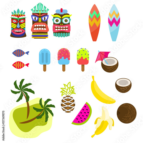 Hawaii tropic colorful clipart vector. Tiki mask  ice cream  palms  surf board and exotic summer fruits.