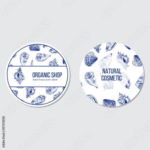 Seashells hand drawn vector colorful etching sketch isolated on white background, seamless pattern, underwater artistic marine blue texture, template label, layout design for card, beauty salon, spa