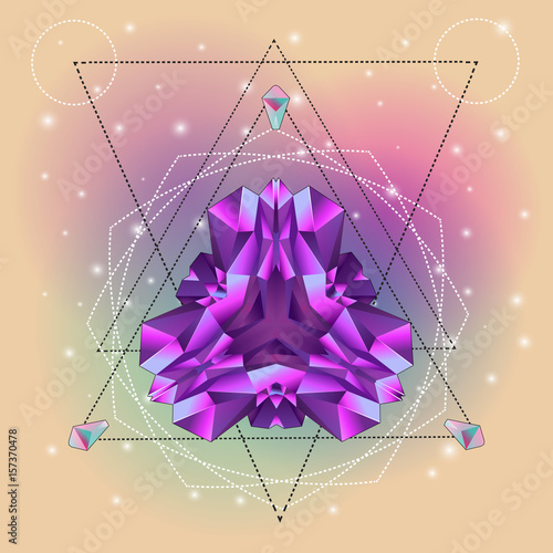 Illustration of crystal, sacred geometry style with space background.