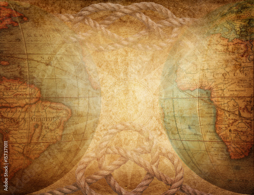 Survival, exploration and nautical theme grunge background. Globe, sea knot on vintage paper.