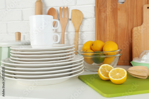 Kitchen utensils and cookware for cooking classes on table