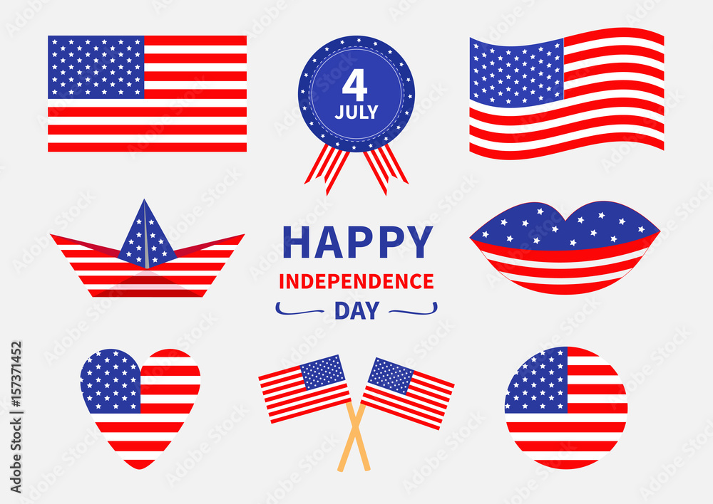 Happy independence day icon set. United states of America. 4th of July. Waving, crossed american flag, heart, round shape, cake, badge with ribbons, paper boat, lips. White background. Flat design Happy independence day icon set. United states of America. 4th of July. Waving, crossed american flag, heart, round shape, cake, badge with ribbons, paper boat, lips. White background. Flat design