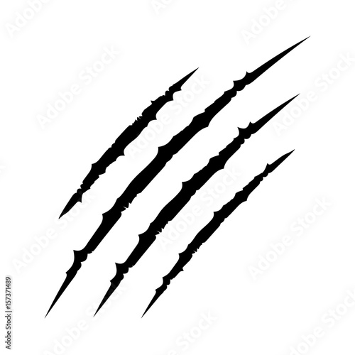 Black bloody claws animal scratch scrape track. Cat tiger scratches paw shape. Four nails trace. Funny design element. Flat design. White background. Isolated.