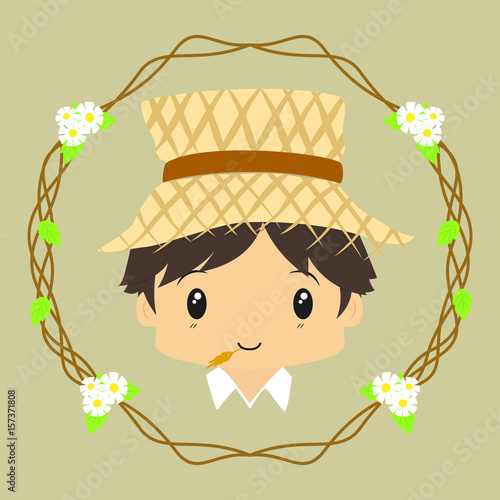 cute farmer with a hay straw in his mouth, with circle floral background