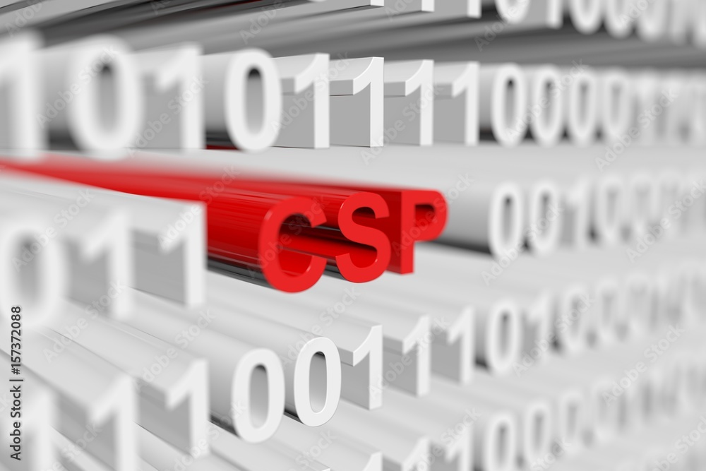 CSP as a binary code with blurred background 3D illustration