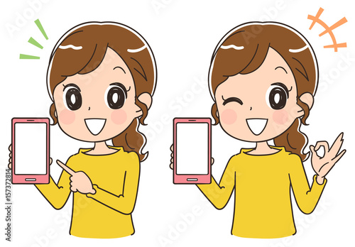 スマホを案内する女性のイラスト