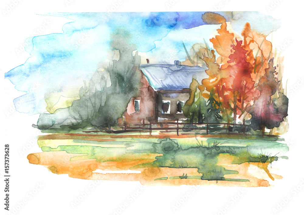 Obraz Akwarela - widok na kraj, natura, dom we wsi, jesień krajobraz. Akwarela krajobraz z domem i drzewami, jodła, krzak, ogrodzenie.