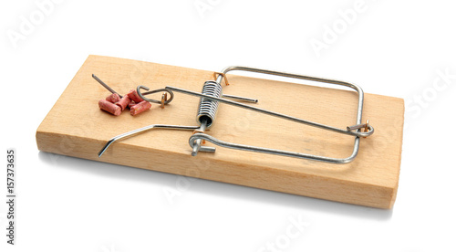 Mouse trap with rat poison on white background