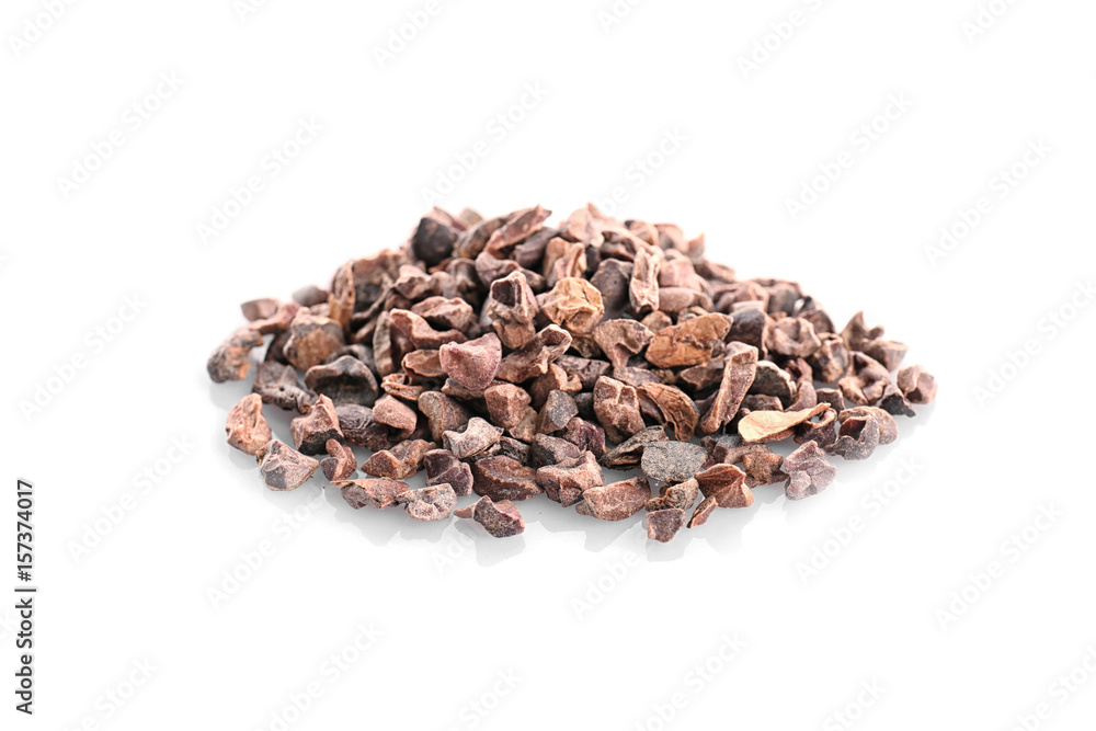Heap of cocoa nibs on white background