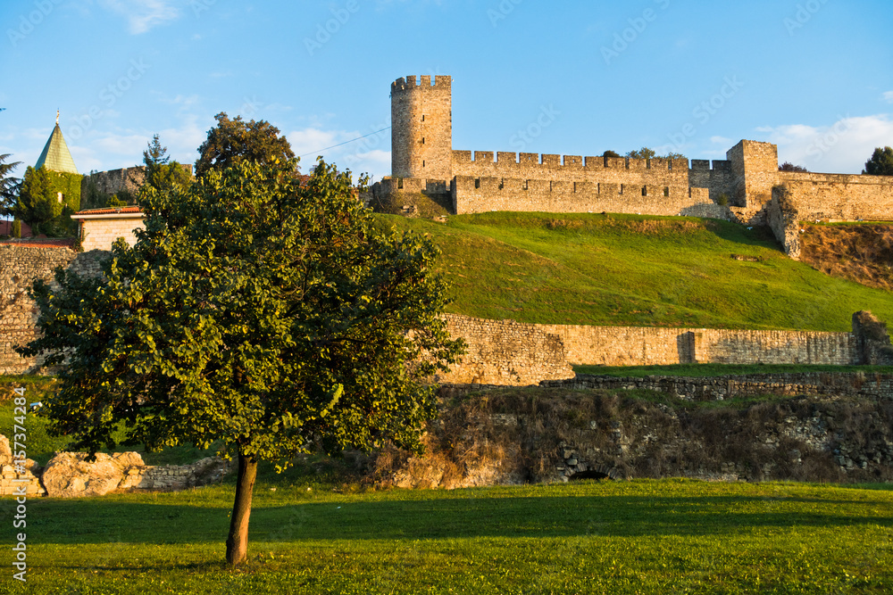 A view from a park to Kalemegdan fortress walls and towers at sunset, Belgrade, Serbia