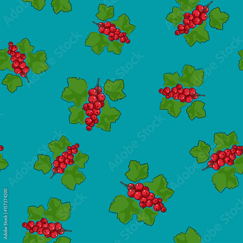 Seamless Pattern of Redcurrant , Fruit Berry on Azure Background, Vector Illustration