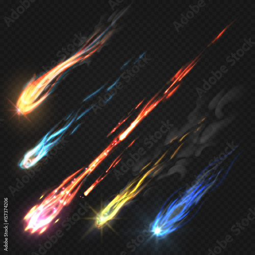 Sky comets and meteorite, rocket trails isolated on dark transparent background