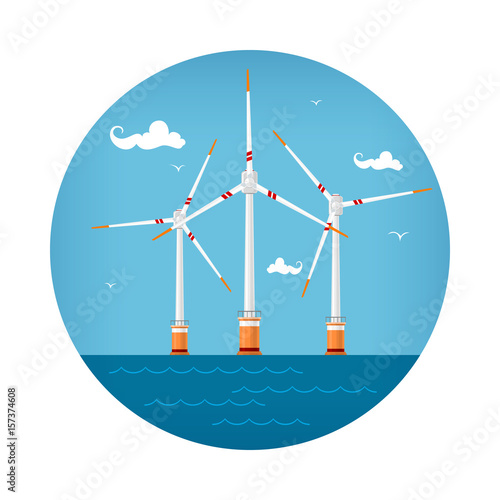 Round Icon Wind Turbines at the Sea, Horizontal Axis Wind Turbines at the Sea off the Coast , Offshore Wind Farm Icon, Vector Illustration