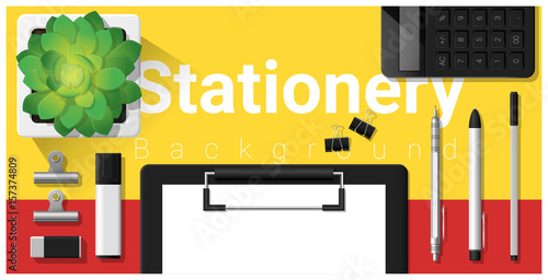Stationery scene with office equipment on colorful background , vector , illustration