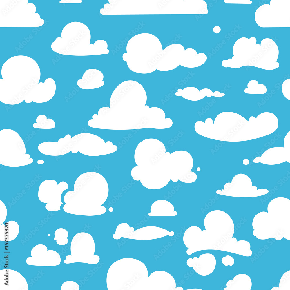 Different vector clouds on blue sky. Seamless pattern in cartoon style