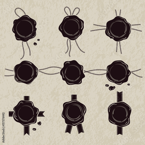 Monochrome set of wax seals. Vector illustrations isolate on white background