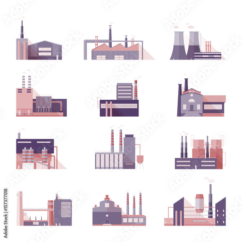 Set of industrial factory and plant buildings. Collection manufacturers with smoking chimneys. Vector colorful illustration in flat style.