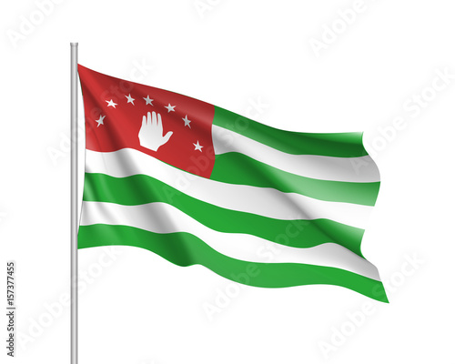 Waving flag of Republic of Abkhazia. Patriotic national sign, horizontal stripes in green and white, open hand on a red field, adopted in 1992. Flag on flagpole. Vector icon illustration