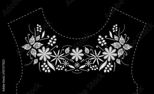 Satin stitch embroidery design with flowers. Folk line floral trendy pattern for dress neckline. Ethnic black and white fashion ornament for neck on black background.
