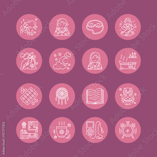 Modern vector line icon of insomnia problem and healthy sleep. Clock, pillow, pills, dream catcher, counting sheep. Linear pictogram in circle with editable stroke for sites, medical brochure.