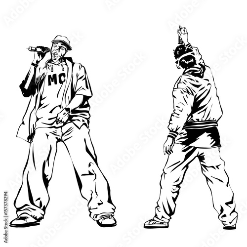 Raper and graffiti guy on white background. Extreme theme modern print. Isolated on white