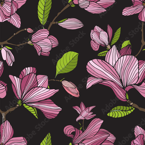 Flowering magnolia, pink color on dark background