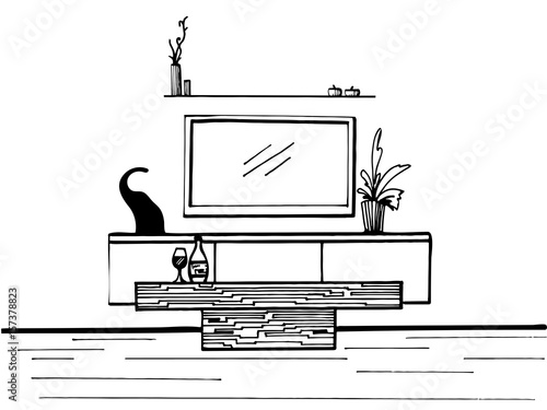 Hand drawn sketch. Linear sketch of the interior. TV, TV table, table and decor. Vector illustration.