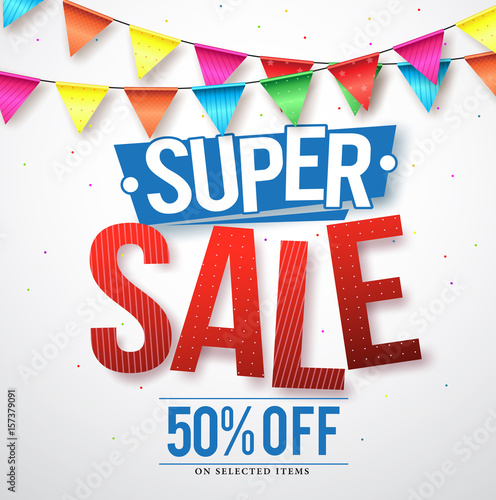 Supper sale vector design with 50% off and hanging colorful streamers in white background for store promotions and party celebrations. Vector illustration.
