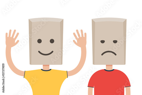 Man with a paper bag, sad and happy
