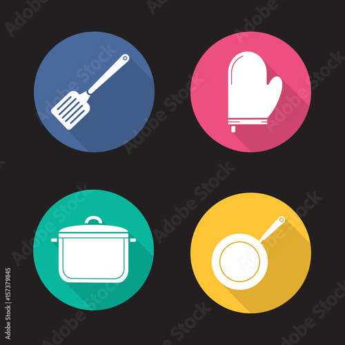 Kitchenware flat design long shadow icons set