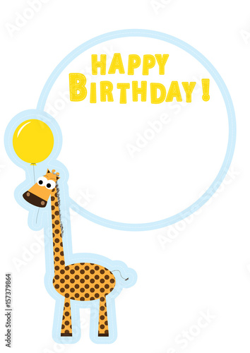 a giraffe with the yellow balloon and text: happy birthday