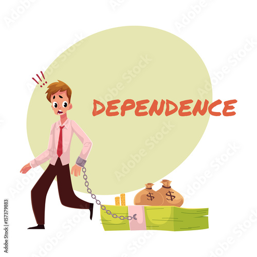 Financial dependence poster, banner template with man with hand chained to bundle of banknotes, money dependence concept, cartoon vector illustration isolated on white background.