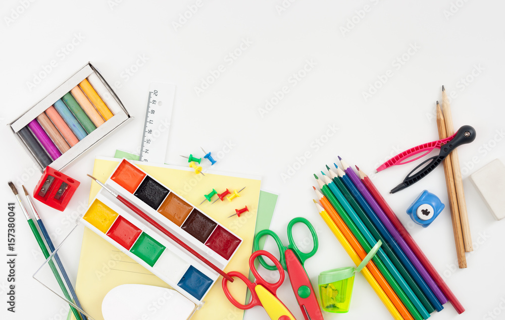 Fototapeta premium School supplies on white background. Place for text.