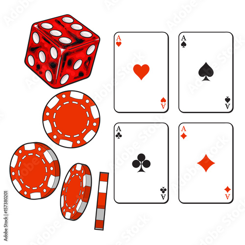 Set of heart, spade, clubs and diamond ace play cards, dice and gambling chips, sketch vector illustration isolated on white background. Dice, gambling chips, playing cards set, poker, casino symbols