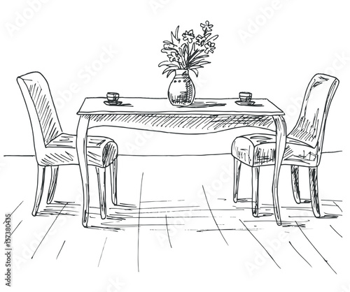Table and chairs. On the table vase of flowers. Vector illustration. Hand drawn.