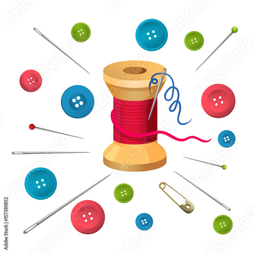 Reel with threads surrounded by pins and needles, buttons vector illustration