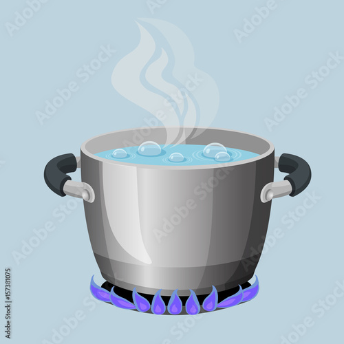 Boiling water in aluminium pot on gas flame realistic vector illustration
