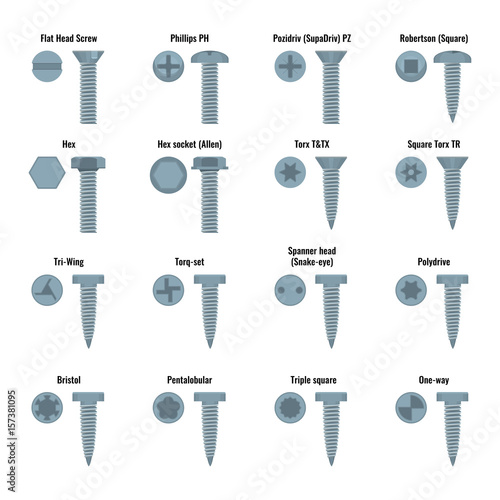 Screw and bolt heads set with text names vector illustration. photo