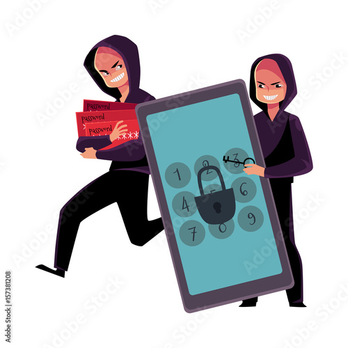 Hacker cracking smartphone, breaking pin code, stealing money from credit card, cartoon vector illustration isolated on white background. Smartphone hacking, breaking, cracking, credit card fraud