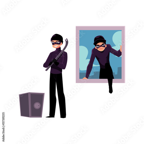 Thief, burglar climbing into house window, going to force open safe box, cartoon vector illustration isolated on white background. Burglar, robber breaking in house window, force opening safe box