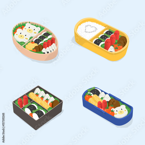 Set of different bento. Japanese lunch boxes collection. Funny cartoon food. Isometric colorful vector illustration.