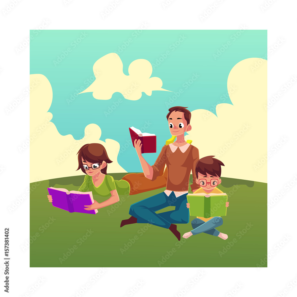 Man, woman, boy reading books sitting and lying on the grass, cartoon vector illustration isolated on white background. Man, woman and boy, father, mother and son reading books