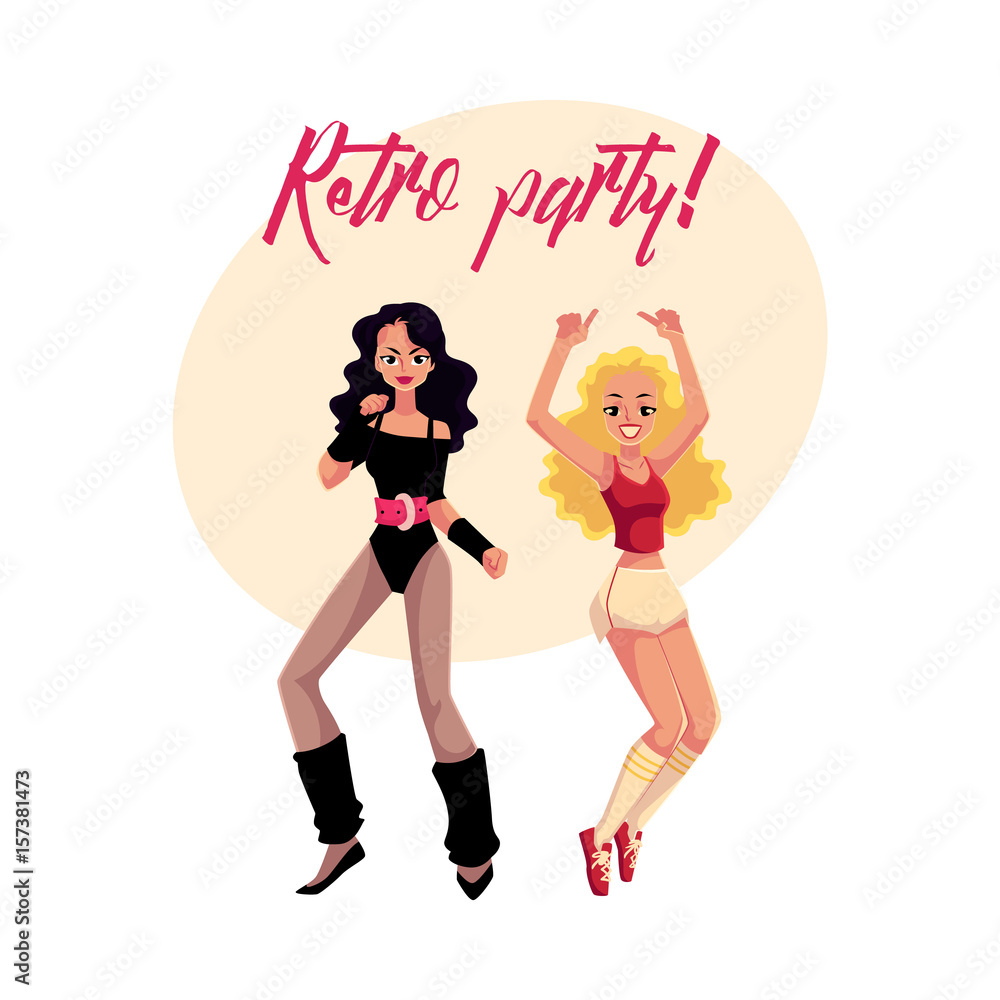 Retro disco party banner, invitation with two girls in 1980s style aerobic outfit, cartoon vector illustration. 80s style retro disco party invitation banner, poster layout with two aerobics girl Retro disco party banner, invitation with two girls in 1980s style aerobic outfit, cartoon vector illustration. 80s style retro disco party invitation banner, poster layout with two aerobics girl