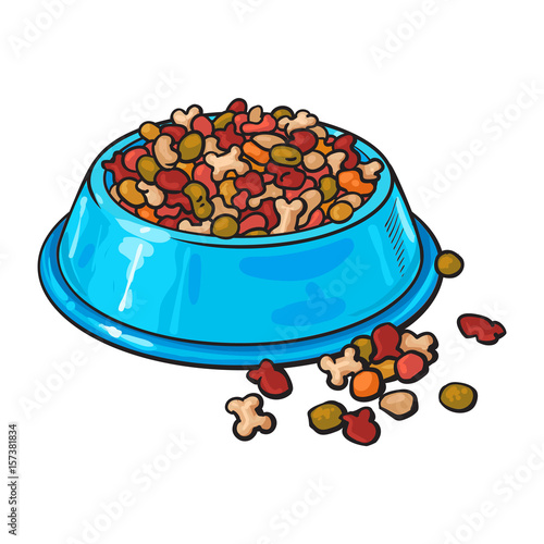 Blue shiny plastic bowl filled with dry pelleted food for pet, cat, dog, sketch vector illustration isolated on white background. Hand drawn bowl, plate filled with dry pet, dog, cat food