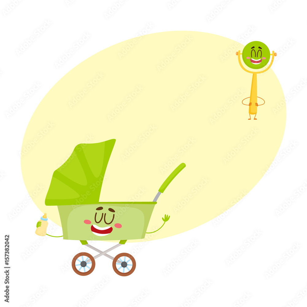 Funny baby cart, stroller, buggy and rattle toy character, newborn ...